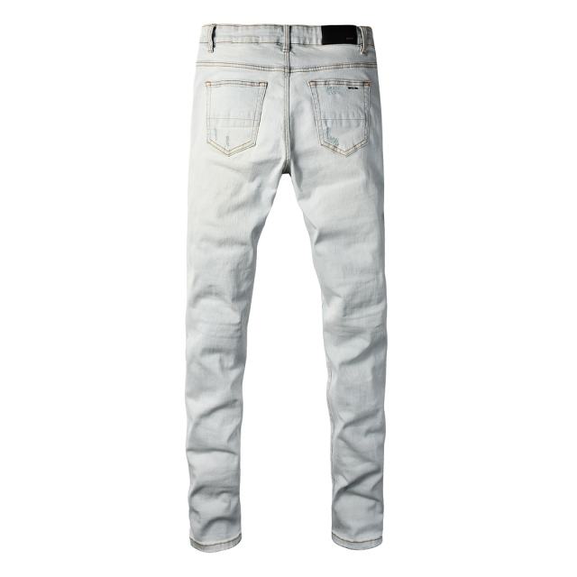 #8939 Amir* Men Pale Light Wash Leopard Print Mesh Patch Ripped Skinny Stretch Distressed Denim Jeans
