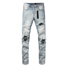 #8945 Amir* Men Light Vintage Wash Black Rhinestone Stud Patch Ripped Skinny Stretch Distressed Denim Jeans