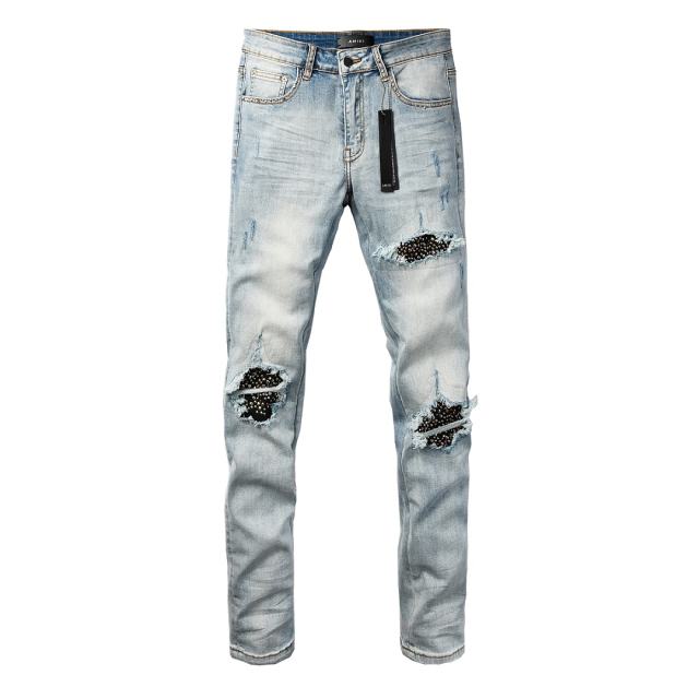 #8945 Amir* Men Light Vintage Wash Black Rhinestone Stud Patch Ripped Skinny Stretch Distressed Denim Jeans