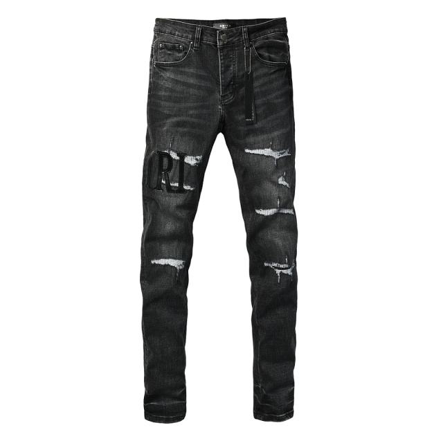 #8950 Amir* Men Black Whisker Wash Black Letter Logo White Frayed Rip Ripped Skinny Stretch Distressed Denim Jeans