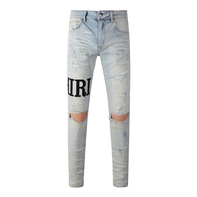 #650 Amir* Men Pale Bleach Wash Letter Print Ripped Skinny Stretch Distressed Denim Jeans