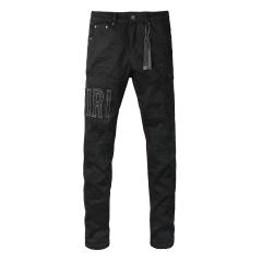 #8947 Amir* Men Black Whisker Wash White Outline Embroidered Letter Logo Ripped Skinny Stretch Distressed Denim Jeans