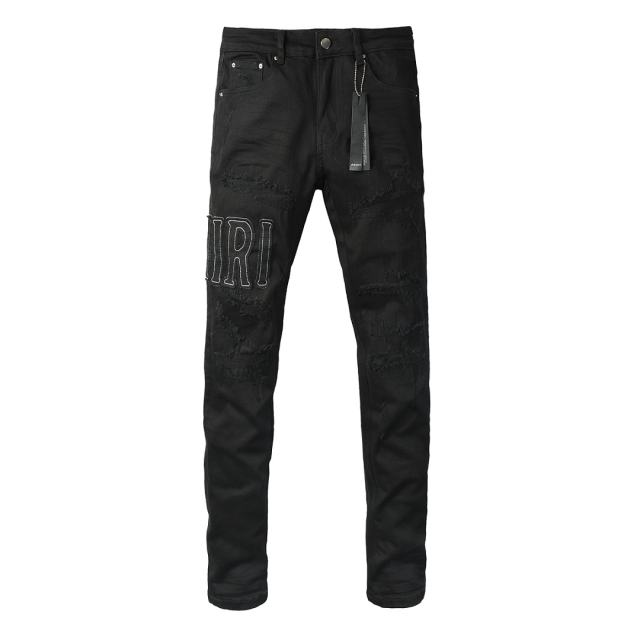 #8947 Amir* Men Black Whisker Wash White Outline Embroidered Letter Logo Ripped Skinny Stretch Distressed Denim Jeans