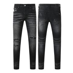 #8924 Amir* Men Black Whisker Wash Bandana Print Fabric Patch Ripped Skinny Stretch Distressed Denim Jeans