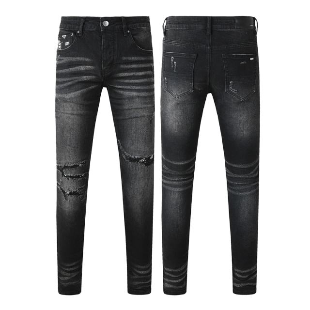 #8924 Amir* Men Black Whisker Wash Bandana Print Fabric Patch Ripped Skinny Stretch Distressed Denim Jeans