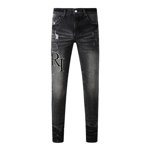 #8908 Amir* Men Black Whisker Wash Big Side Letter Print Ripped Skinny Stretch Denim Jeans