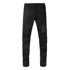 #8947 Amir* Men Black Whisker Wash White Outline Embroidered Letter Logo Ripped Skinny Stretch Distressed Denim Jeans
