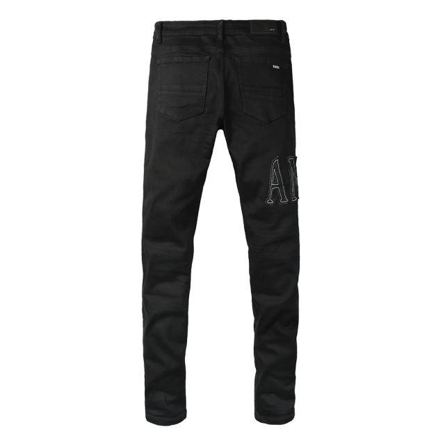 #8947 Amir* Men Black Whisker Wash White Outline Embroidered Letter Logo Ripped Skinny Stretch Distressed Denim Jeans