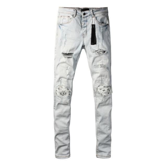 #8939 Amir* Men Pale Light Wash Leopard Print Mesh Patch Ripped Skinny Stretch Distressed Denim Jeans