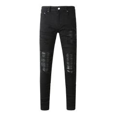 #5200 Amir* Men Black Faux Leather Ribbed Knee Patch Ripped Skinny Stretch Denim Jeans