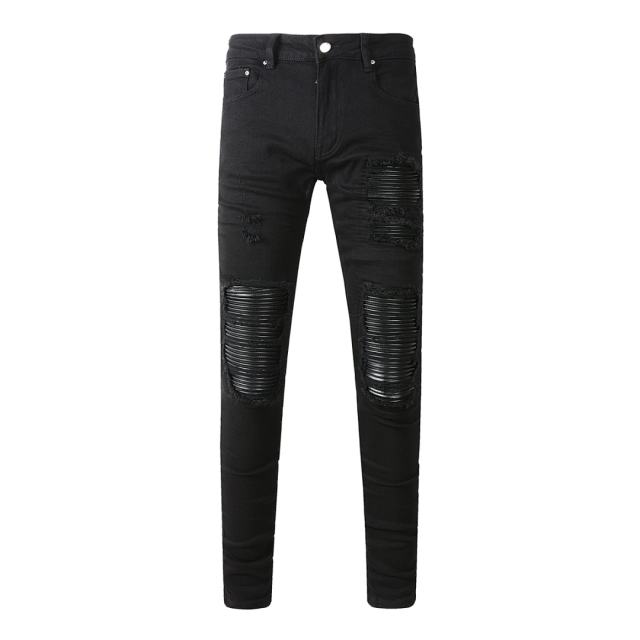 #5200 Amir* Men Black Faux Leather Ribbed Knee Patch Ripped Skinny Stretch Denim Jeans