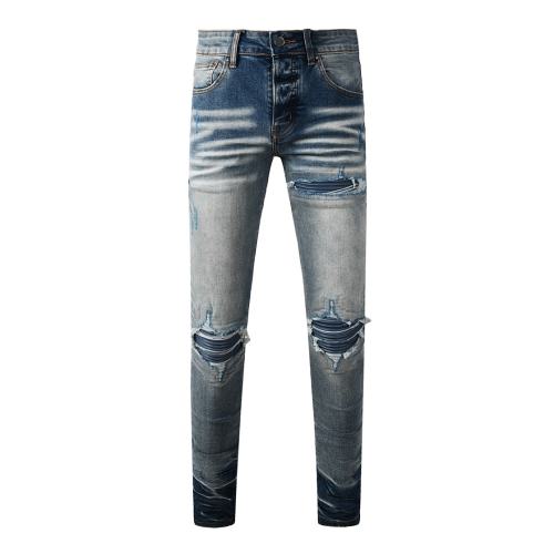 #8926 Amir* Men Gradient Blue Wash Stacked Ripped Skinny Jeans, Multi-Layer Blue Knee Patch Stretch Slim Denim Pants