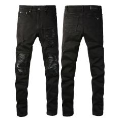 #5200 Amir* Men Black Faux Leather Ribbed Knee Patch Ripped Skinny Stretch Denim Jeans