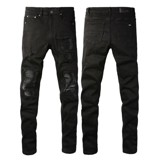 #5200 Amir* Men Black Faux Leather Ribbed Knee Patch Ripped Skinny Stretch Denim Jeans