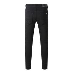 #5200 Amir* Men Black Faux Leather Ribbed Knee Patch Ripped Skinny Stretch Denim Jeans