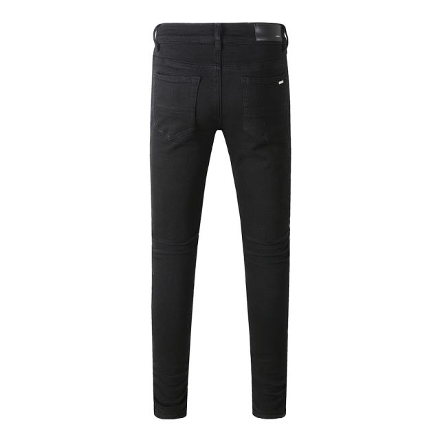 #5200 Amir* Men Black Faux Leather Ribbed Knee Patch Ripped Skinny Stretch Denim Jeans