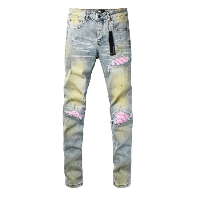 #8953 Amir* Men Light Vintage Wash Pink Fabric Patch Ripped Skinny Stretch Distressed Denim Jeans