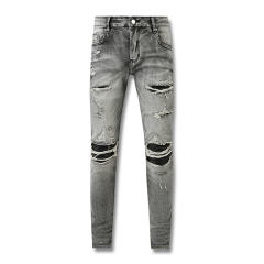 #601 Amir* Men Grey Patch Ripped Skinny Stretch Distressed Denim Jeans