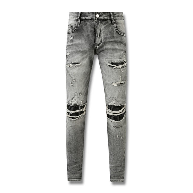 #601 Amir* Men Grey Patch Ripped Skinny Stretch Distressed Denim Jeans