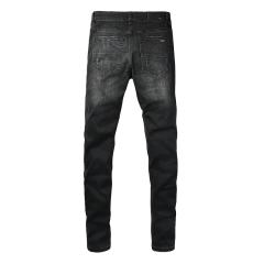 #8941 Amir* Men Black Whisker Wash Red Plaid Tartan Patch Ripped Skinny Stretch Distressed Denim Jeans