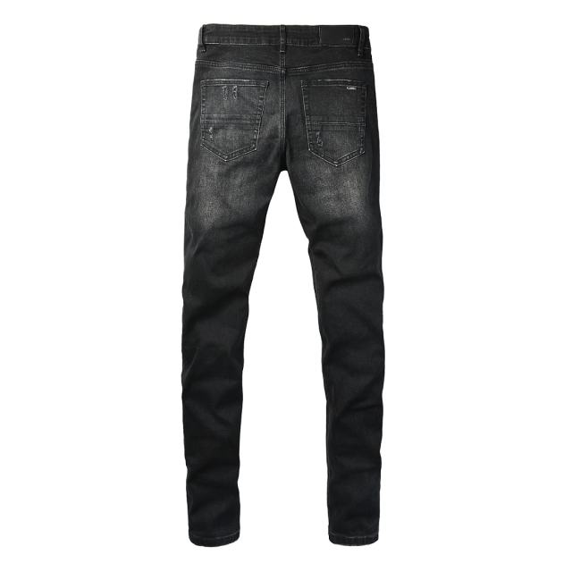 #8941 Amir* Men Black Whisker Wash Red Plaid Tartan Patch Ripped Skinny Stretch Distressed Denim Jeans