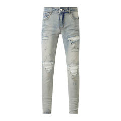 #8601 Amir* Men Light Wash White Shredded Patch Ripped Skinny Stretch Distressed Denim Jeans