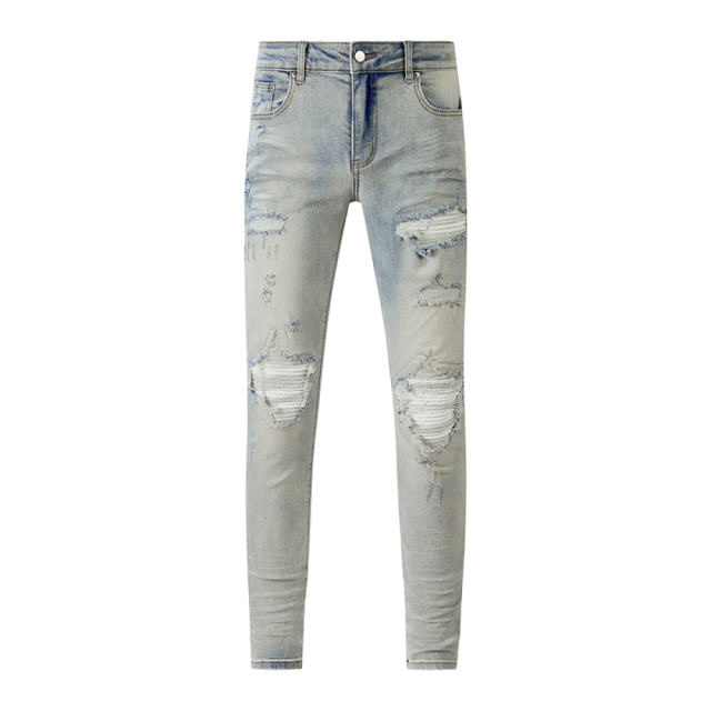 #8601 Amir* Men Light Wash White Shredded Patch Ripped Skinny Stretch Distressed Denim Jeans