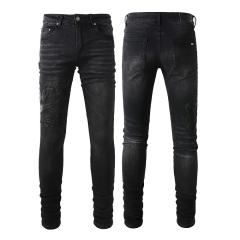 #1312 Amir* Men Black Whisker Wash Stacked Skinny Jeans, Embossed Crown Letter Logo Stretch Slim Denim Pants