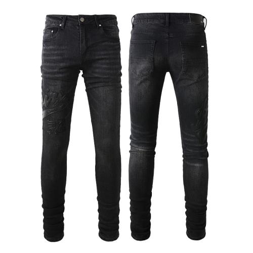 #1312 Amir* Men Black Whisker Wash Stacked Skinny Jeans, Embossed Crown Letter Logo Stretch Slim Denim Pants