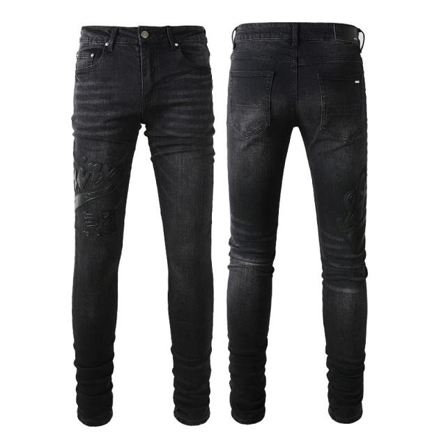 #1312 Amir* Men Black Whisker Wash Stacked Skinny Jeans, Embossed Crown Letter Logo Stretch Slim Denim Pants