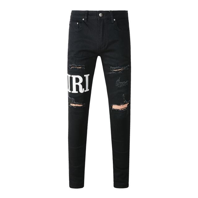 #649 Amir* Men Black Letter Print Ripped Skinny Stretch Distressed Denim Jeans