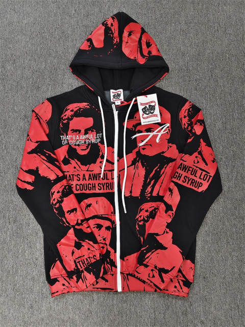 High Quality ASAALI Black Red Cough Syrup Portrait Zip Hoodie