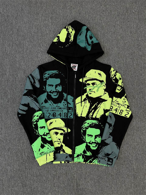 High Quality ASAALI Black Teal Neon Portrait Zip Hoodie