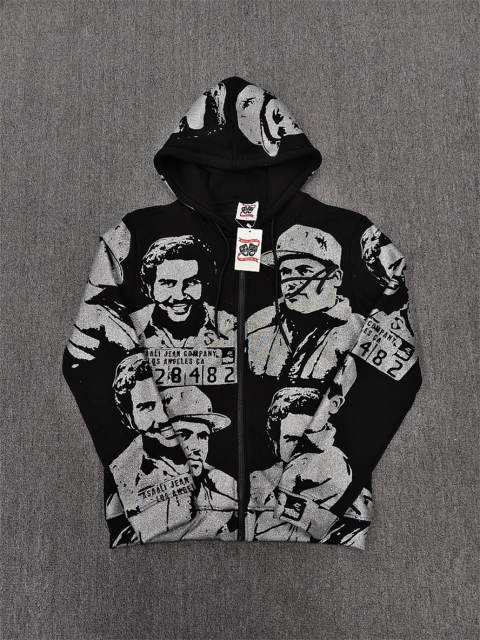 High Quality ASAALI Black Silver Portrait Zip Hoodie