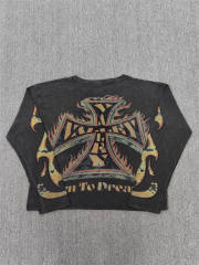 Vale Forever Retro Distressed Flame Cross Print Cropped Waffle Knit Long Sleeve T-Shirt