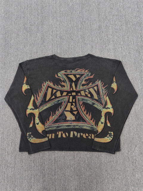 Vale Forever Retro Distressed Flame Cross Print Cropped Waffle Knit Long Sleeve T-Shirt
