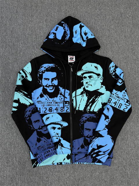 High Quality Black Blue ASAALI Portrait Zip Hoodie