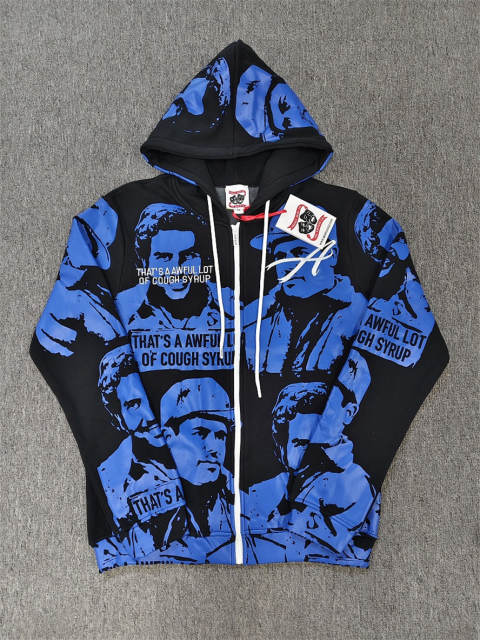 High Quality Black Blue ASAALI Portrait Zip Hoodie