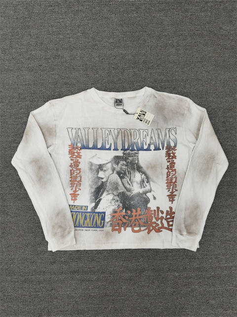 Vale Forever Distressed Vintage Asian Graphic Waffle Knit Cropped Thermal Long Sleeve T-Shirt