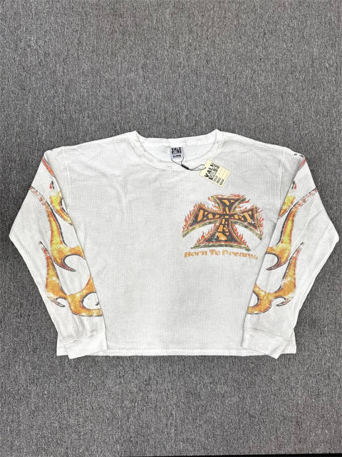 Vale Forever Retro Fire Flame Cross Print Waffle Thermal Long Sleeve Shirt