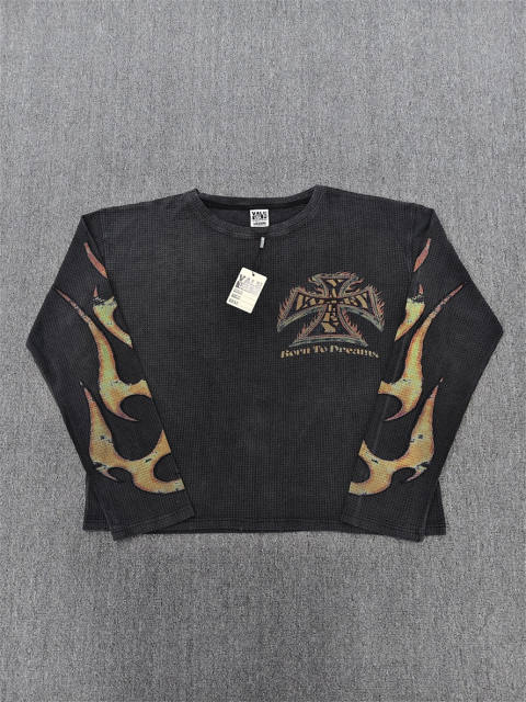 Vale Forever Retro Distressed Flame Cross Print Cropped Waffle Knit Long Sleeve T-Shirt