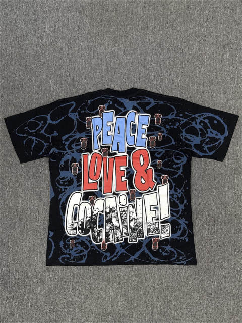 High Quality ASAALI Navy Peace Love Cocaine Graphic T-Shirt