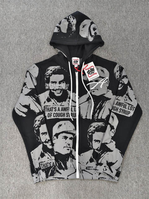 High Quality ASAALI Black Grey Cough Syrup Portrait Zip Hoodie