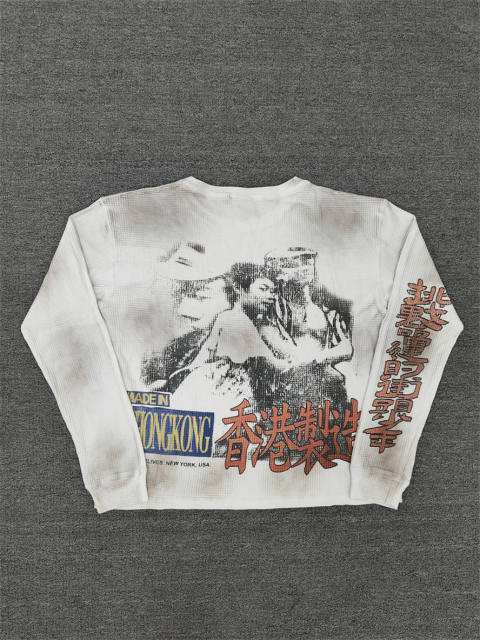 Vale Forever Distressed Vintage Asian Graphic Waffle Knit Cropped Thermal Long Sleeve T-Shirt