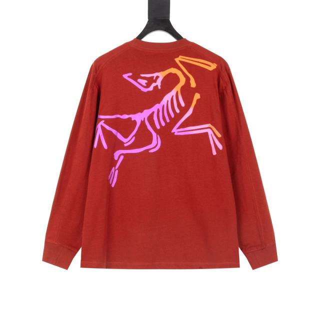 ARC Men Oversized Dinosaur Skeleton Back Print Red Long Sleeve T Shirt