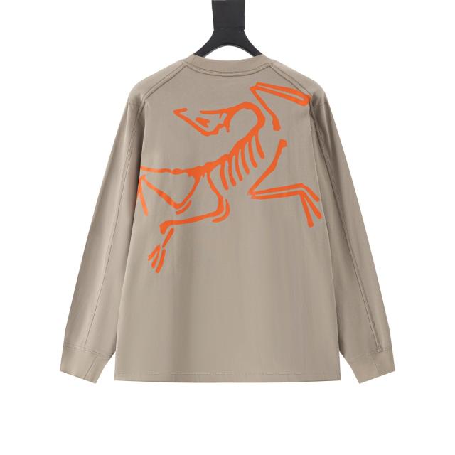 ARC Men Oversized Dinosaur Skeleton Back Print Tan Long Sleeve T Shirt