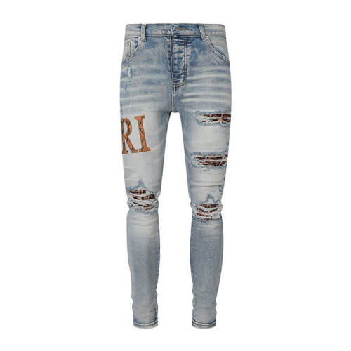 1:1 Quality Amir* Light Wash Leopard Letter Embroidery & Leopard Knee Patch Ripped Skinny Jeans