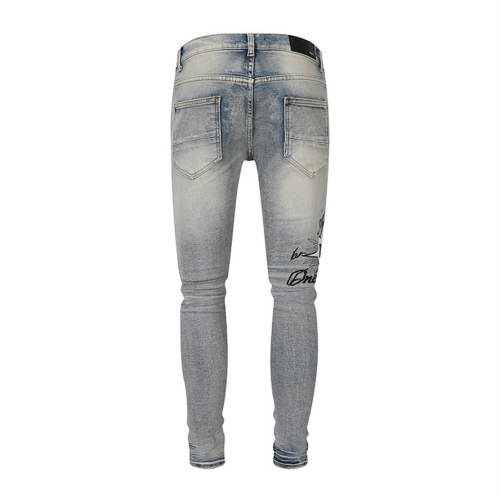 1:1 Quality Amir* Light Antique Wash Destroyed Skinny Jeans With Black Side Graphic Print