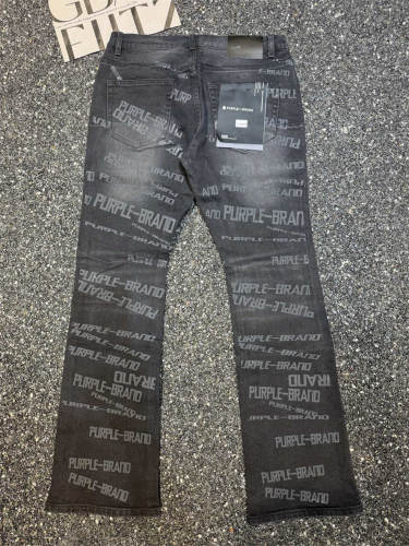 Full Print Purple Brand Logo Black Flare Jeans Men Streetwear Denim Pants
