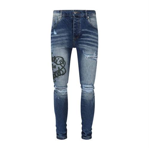 1:1 Quality Amir* Two-Tone Blue Destroyed Skinny Jeans With Green Curly Script Embroidery Men Streetwear Denim Pants